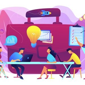 Colleagues meeting. Team brainstorming. Corporate training. Business briefing, teamwork task discussion, business strategy communication concept. Bright vibrant violet vector isolated illustration